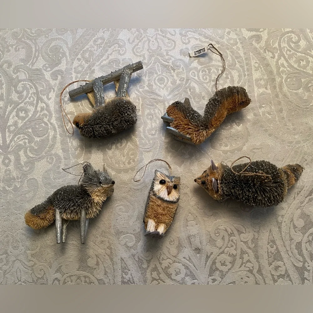 CRATE & BARREL SILVER METALLIC BRUSH CHRISTMAS ORNAMENTS LOT OF 5 NWOT